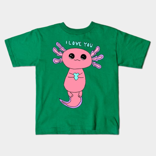 Pink Axolotl Kids T-Shirt by Loose Tangent Arts